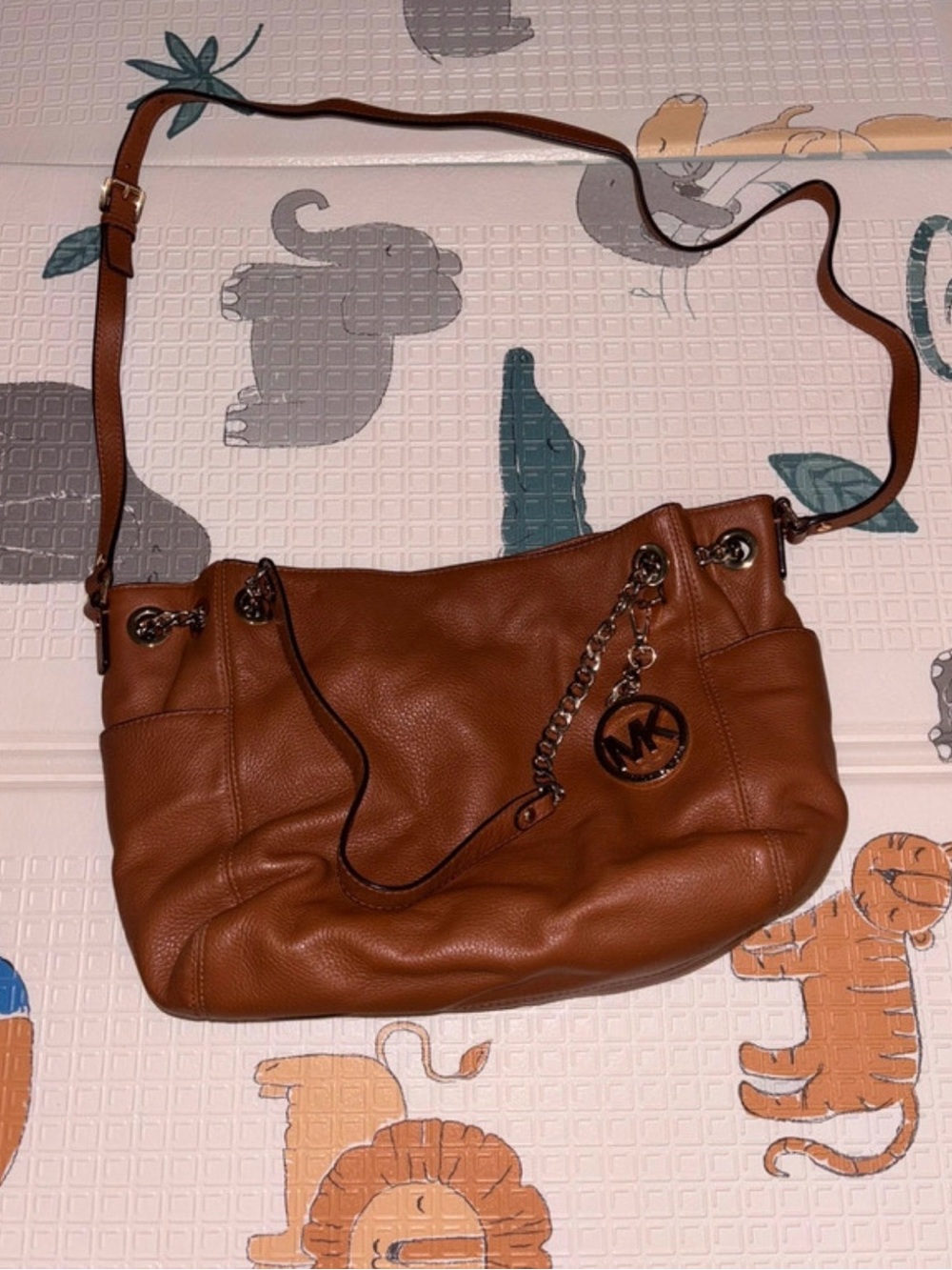 Michael Kors Cognac Pebbled Leather Shoulder Bag with Chain Charm
